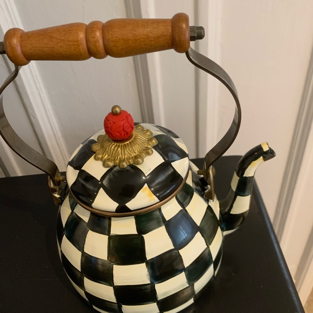 MacKenzie-Childs Black and Cream Checkered Teapot with Red Finial - Picture 2 of 4